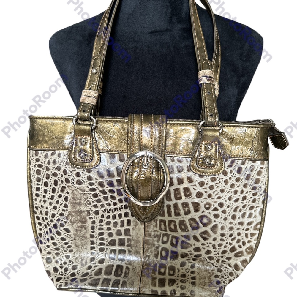 MC Faux Leather Animal Print Olive and Brown Two Handle Purse